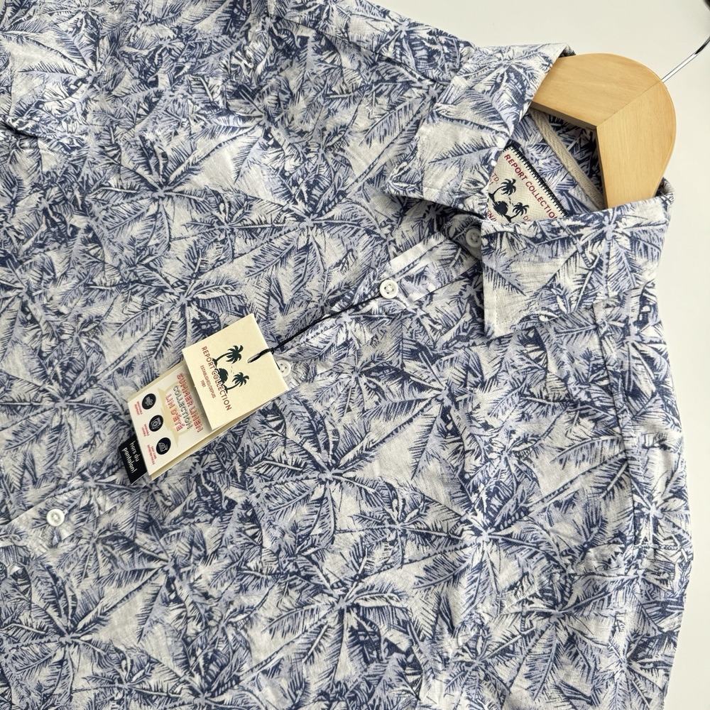 REPORT COLLECTION Shirt Mens Small White Blue Palm Tree Linen Blend NWT $69